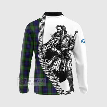 Tartan Vibes Clothing Gunn Tartan Clan Crest Long Sleeve Polo Shirt with Highlander Warrior Celtic Style