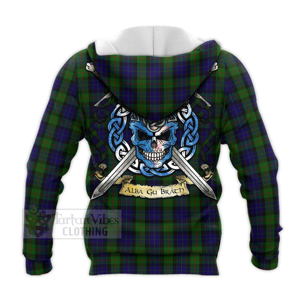 Tartan Vibes Clothing Gunn Tartan Knitted Hoodie with Family Crest Celtic Skull Style