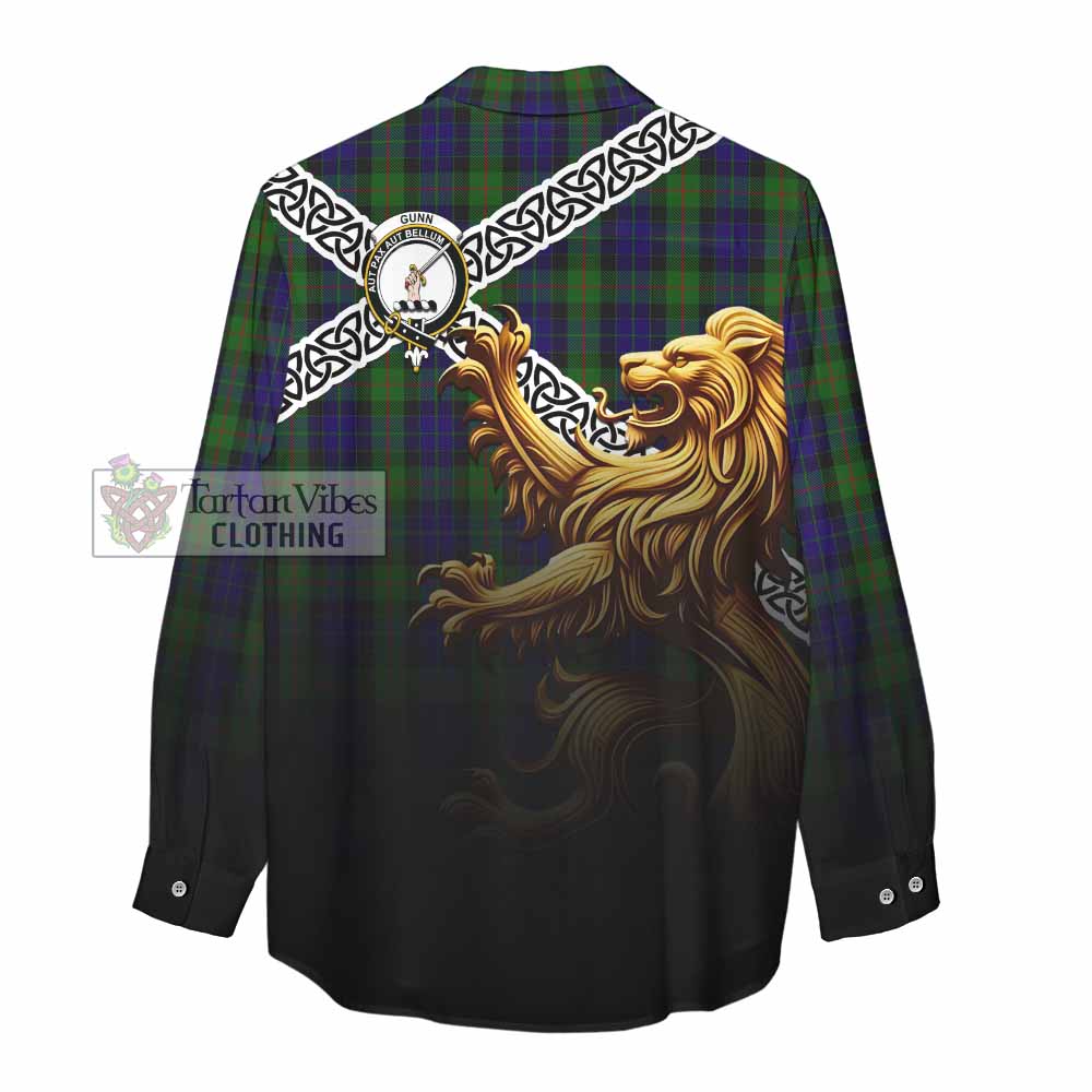 Tartan Vibes Clothing Gunn Crest Tartan Women's Casual Shirt with Golden Lion Emblem Celtic Style