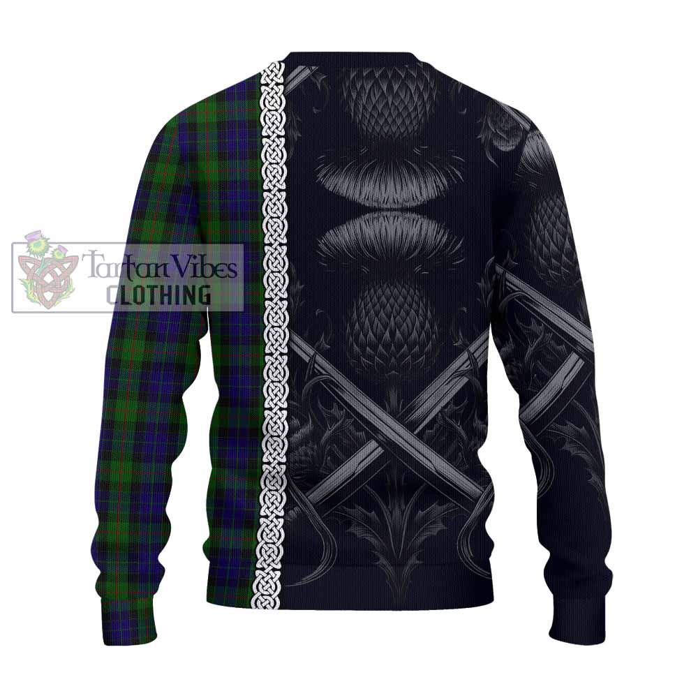 Tartan Vibes Clothing Gunn Tartan Knitted Sweater with Family Crest Cross Sword Thistle Celtic Vibes