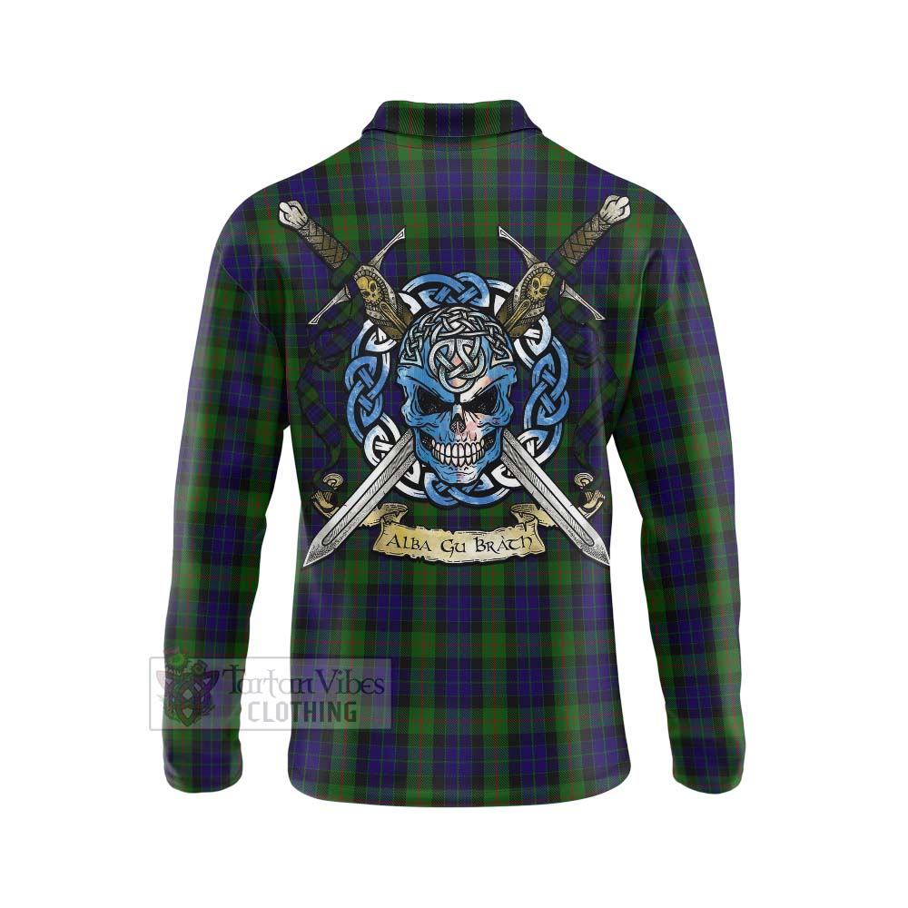 Tartan Vibes Clothing Gunn Tartan Long Sleeve Polo Shirt with Family Crest Celtic Skull Style