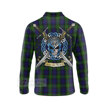 Tartan Vibes Clothing Gunn Tartan Long Sleeve Polo Shirt with Family Crest Celtic Skull Style
