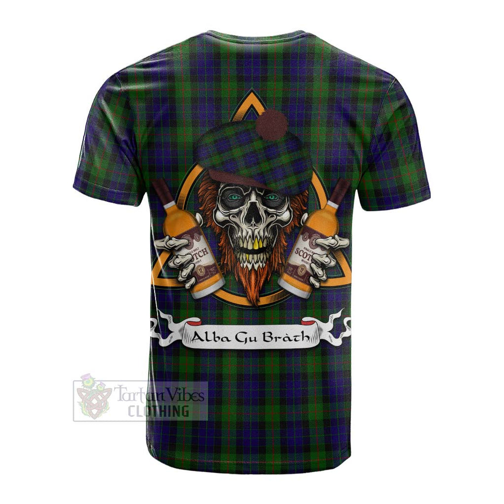 Tartan Vibes Clothing Gunn Tartan Cotton T-shirt with Family Crest and Bearded Skull Holding Bottles of Whiskey