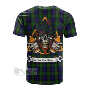 Tartan Vibes Clothing Gunn Tartan Cotton T-shirt with Family Crest and Bearded Skull Holding Bottles of Whiskey