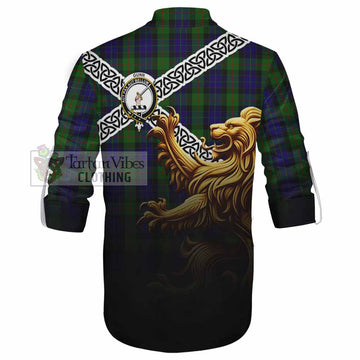 Gunn Crest Tartan Ghillie Kilt Shirt with Golden Lion Emblem Celtic Style