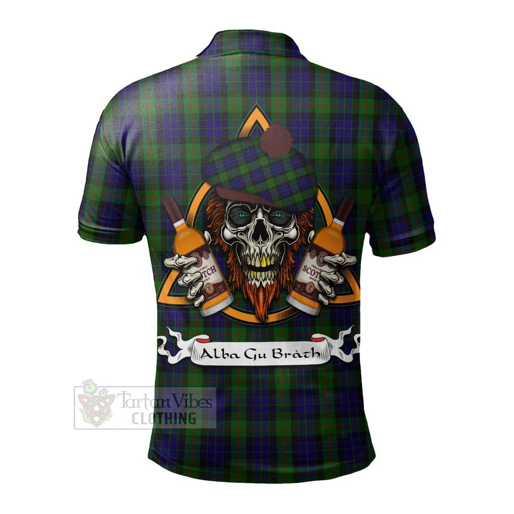 Tartan Vibes Clothing Gunn Tartan Polo Shirt with Family Crest and Bearded Skull Holding Bottles of Whiskey