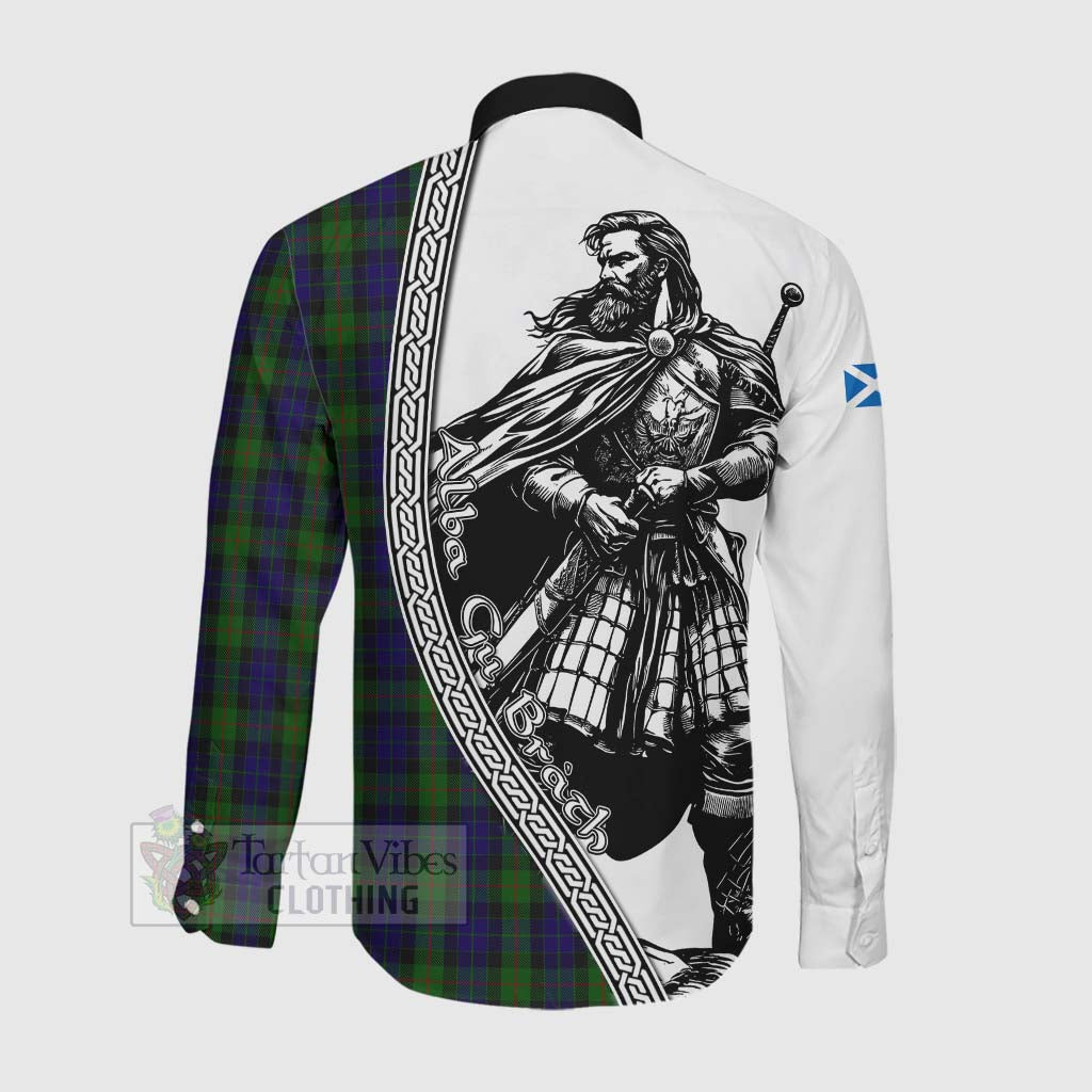 Tartan Vibes Clothing Gunn Tartan Clan Crest Long Sleeve Button Shirt with Highlander Warrior Celtic Style