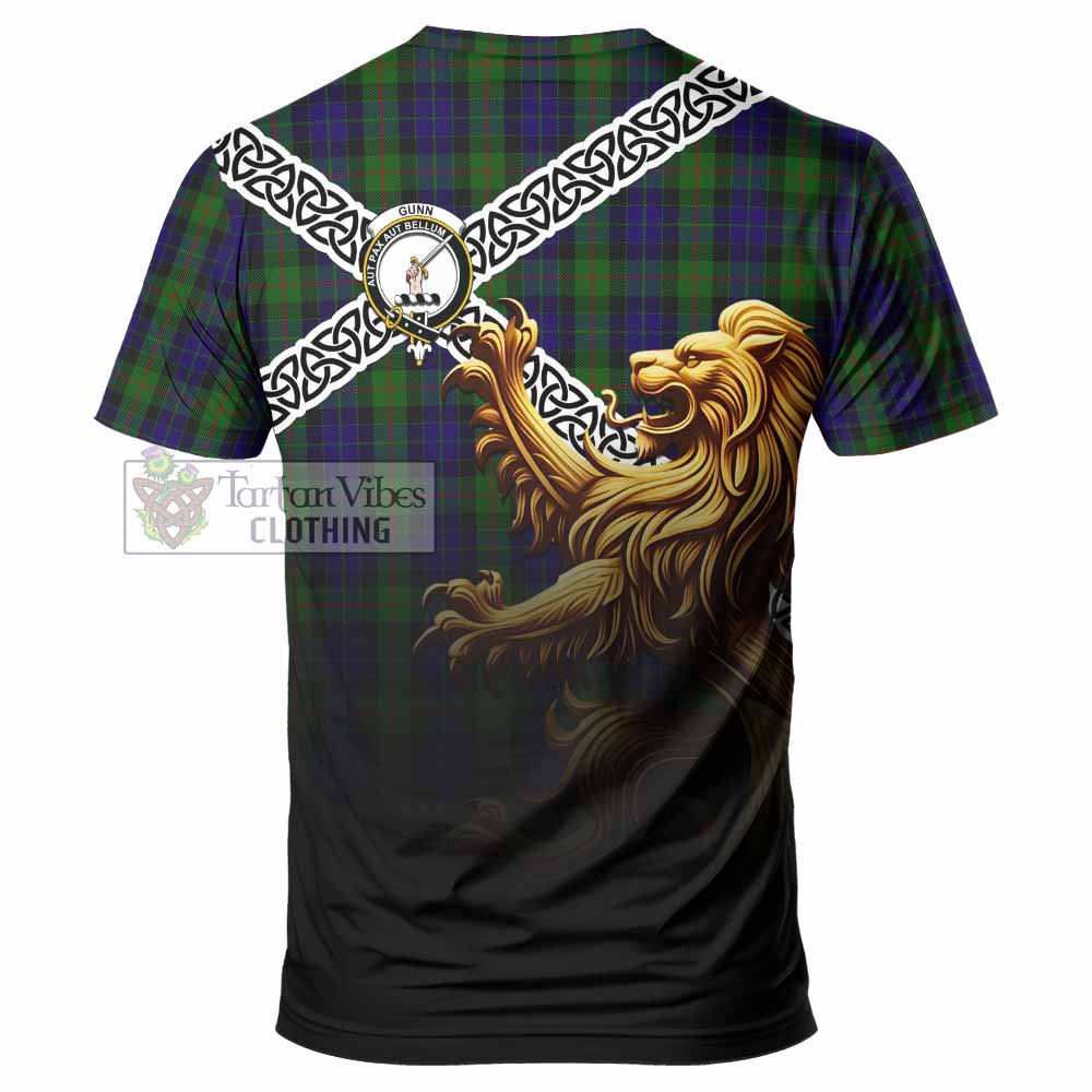 Tartan Vibes Clothing Gunn Crest Tartan T-Shirt with Golden Lion Emblem Celtic Style