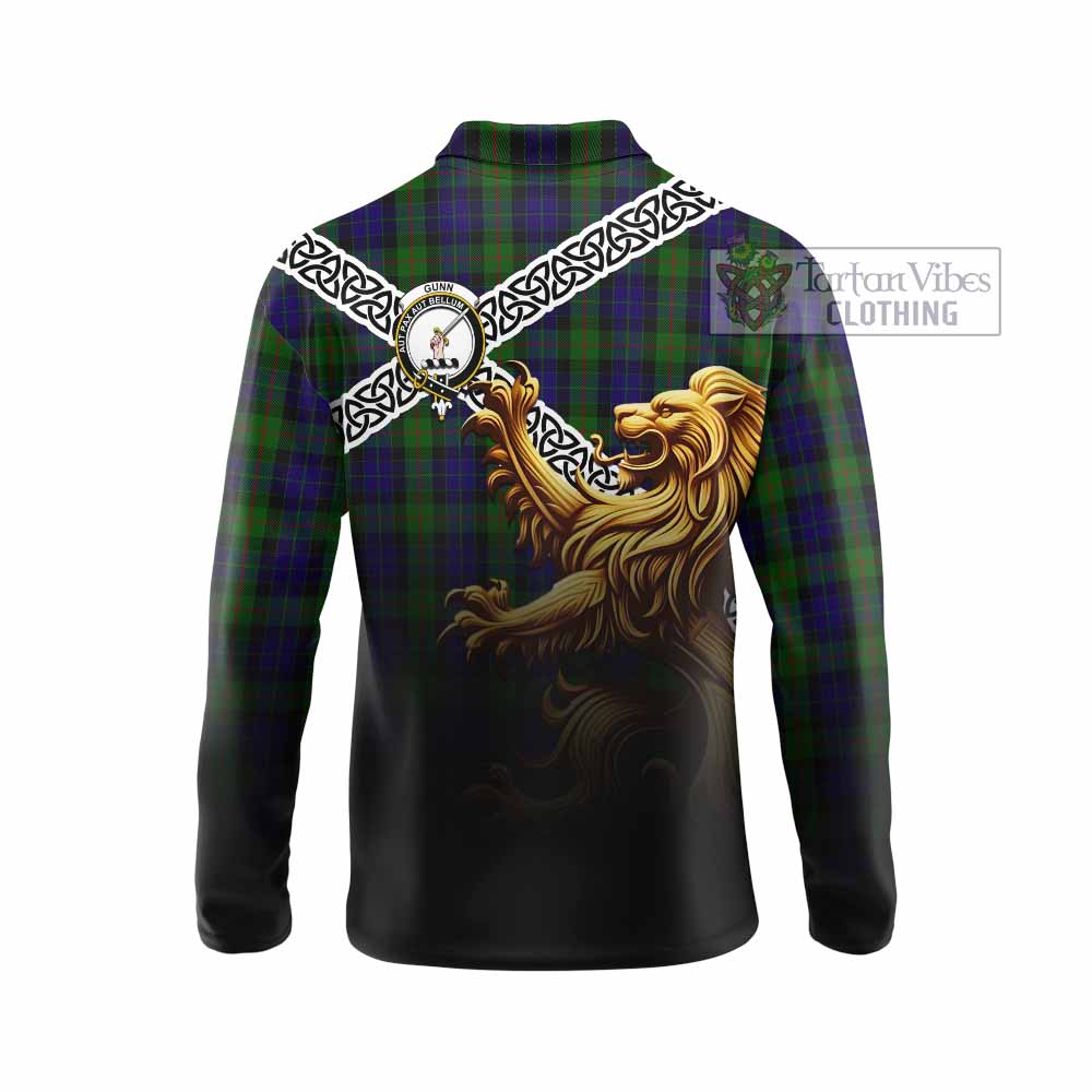 Tartan Vibes Clothing Gunn Crest Tartan Long Sleeve Polo Shirt with Golden Lion Emblem Celtic Style