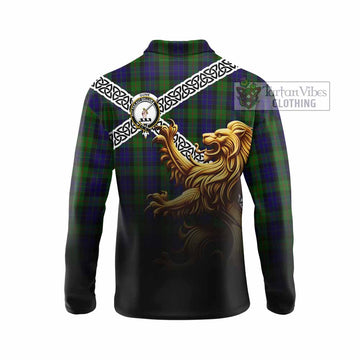 Gunn Crest Tartan Long Sleeve Polo Shirt with Golden Lion Emblem Celtic Style