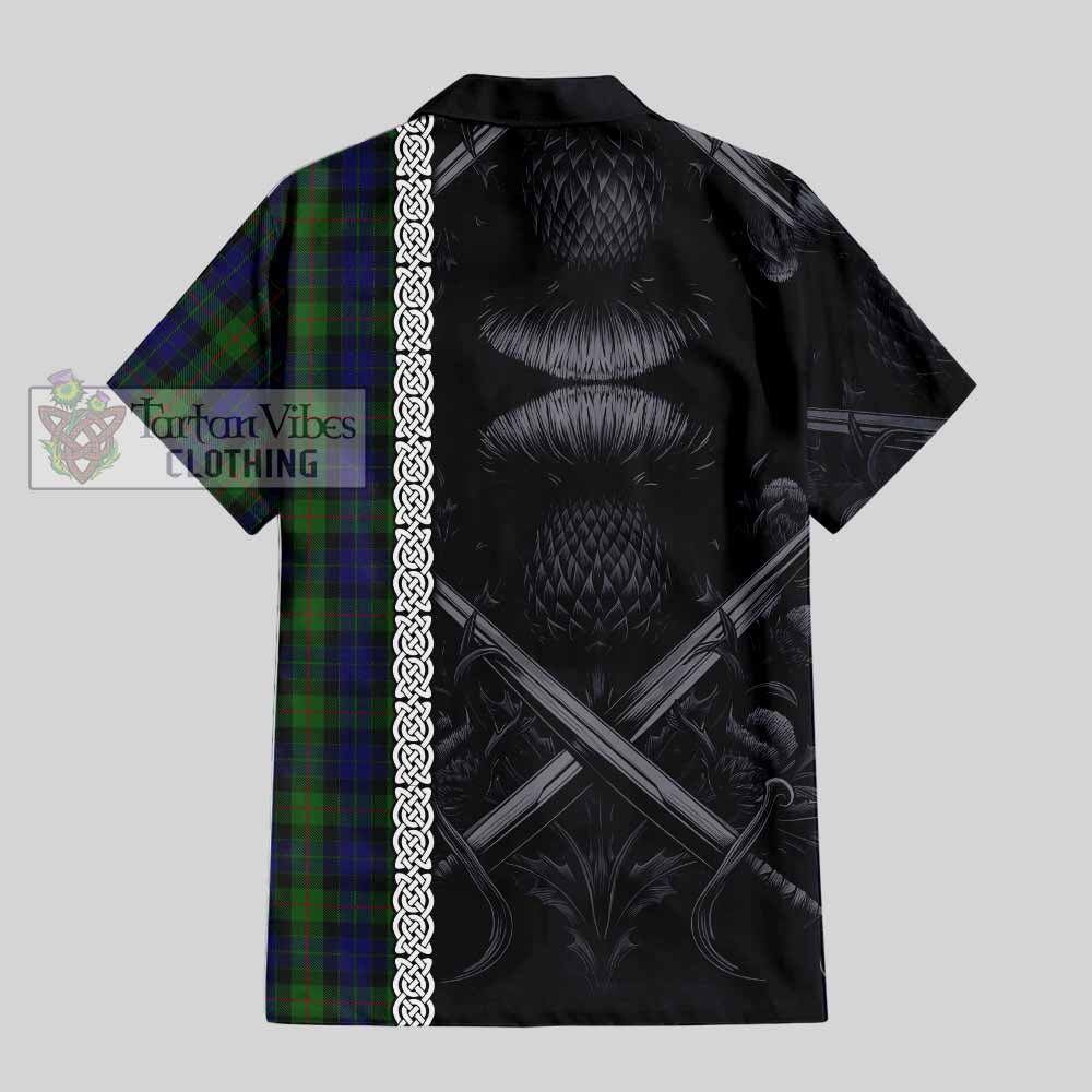 Tartan Vibes Clothing Gunn Tartan Short Sleeve Button Shirt with Family Crest Cross Sword Thistle Celtic Vibes