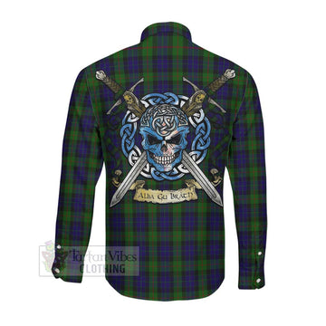 Tartan Vibes Clothing Gunn Tartan Long Sleeve Button Shirt with Family Crest Celtic Skull Style