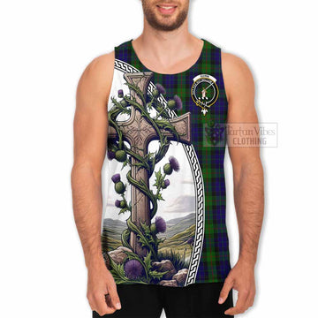 Tartan Vibes Clothing Gunn Tartan Men's Tank Top with Family Crest and St. Andrew's Cross Accented by Thistle Vines