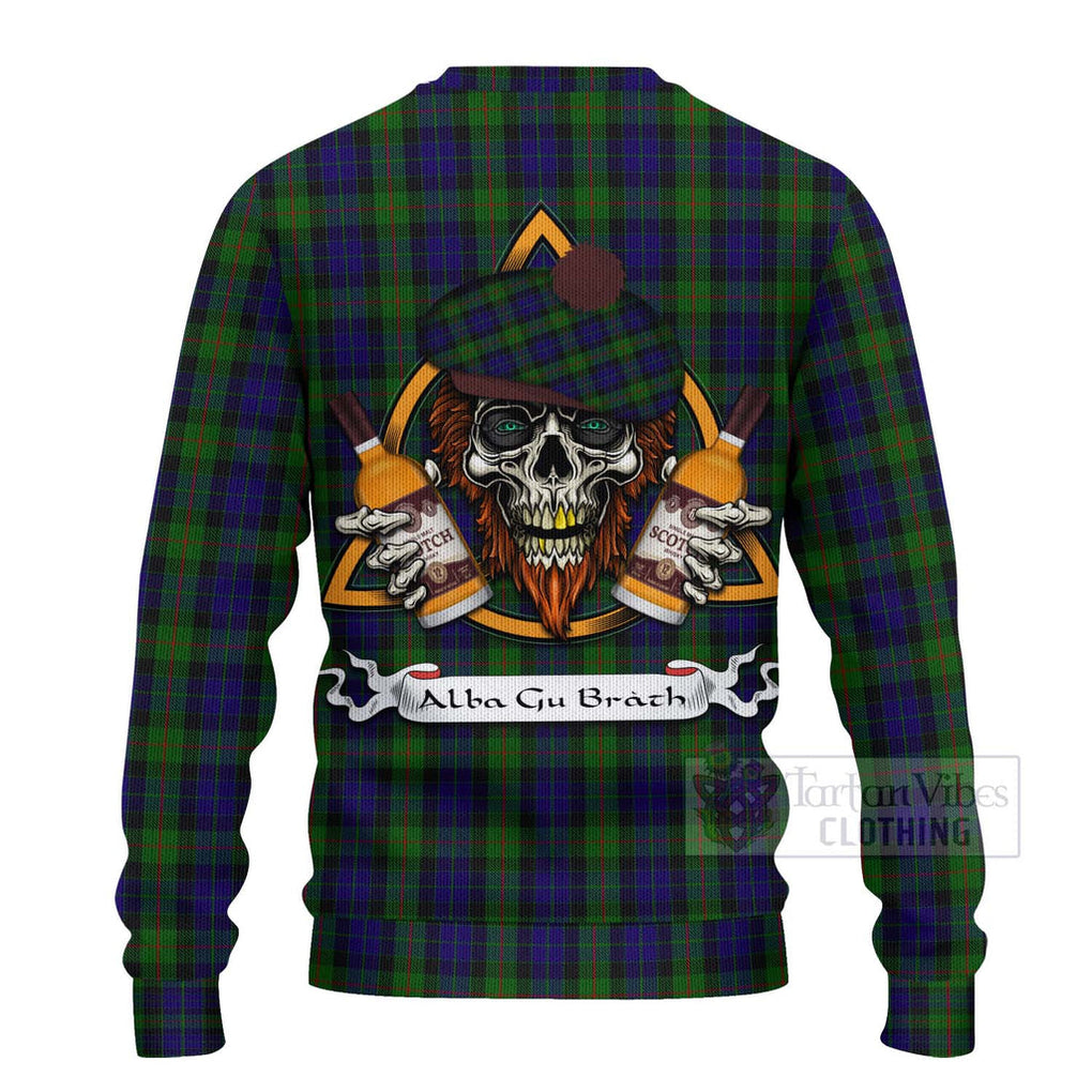 Tartan Vibes Clothing Gunn Tartan Knitted Sweater with Family Crest and Bearded Skull Holding Bottles of Whiskey