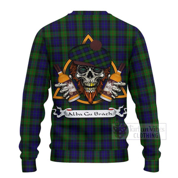 Tartan Vibes Clothing Gunn Tartan Knitted Sweater with Family Crest and Bearded Skull Holding Bottles of Whiskey