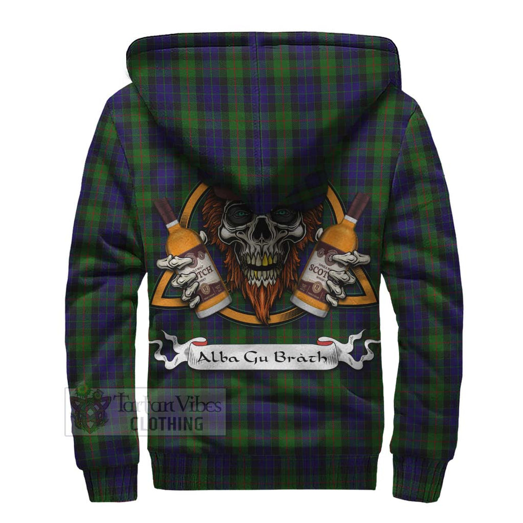 Tartan Vibes Clothing Gunn Tartan Sherpa Hoodie with Family Crest and Bearded Skull Holding Bottles of Whiskey