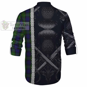 Gunn Tartan Ghillie Kilt Shirt with Family Crest Cross Sword Thistle Celtic Vibes