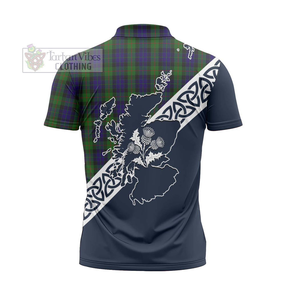 Gunn Tartan Zipper Polo Shirt Featuring Thistle and Scotland Map - Tartanvibesclothing Store