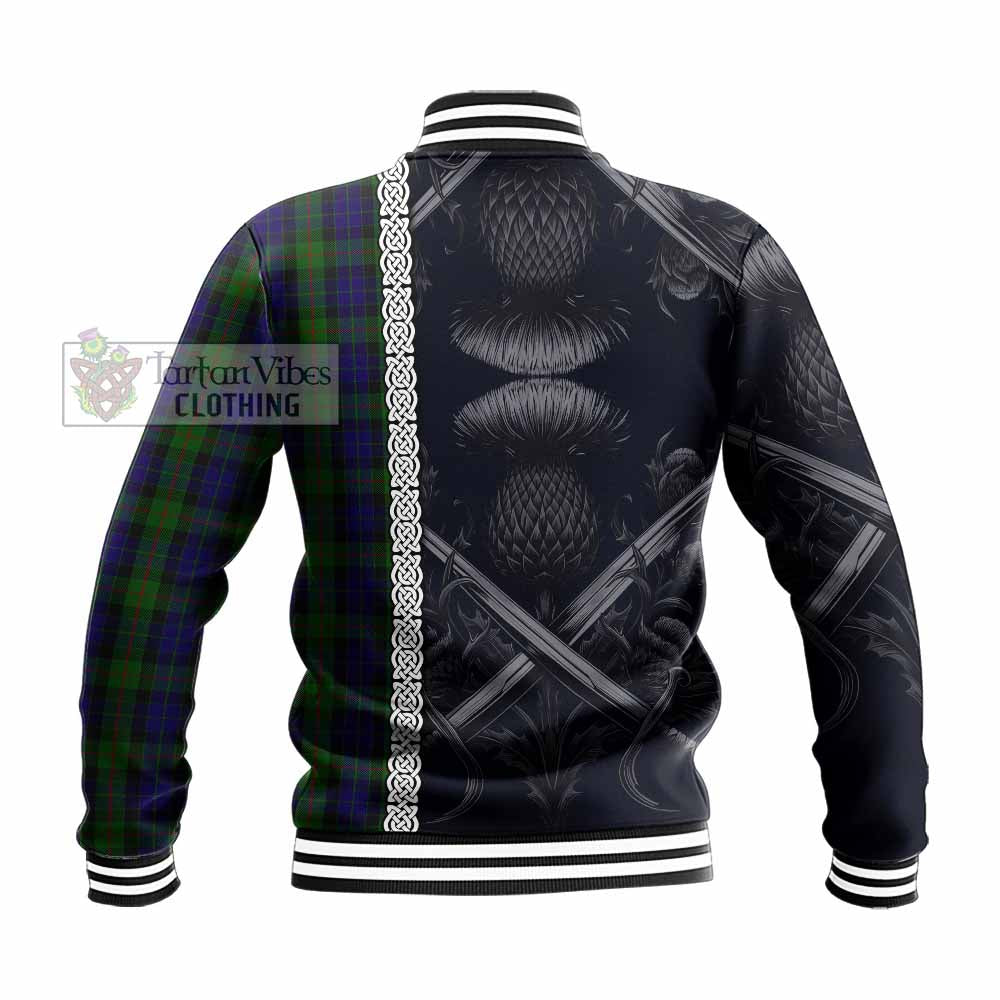 Tartan Vibes Clothing Gunn Tartan Baseball Jacket with Family Crest Cross Sword Thistle Celtic Vibes