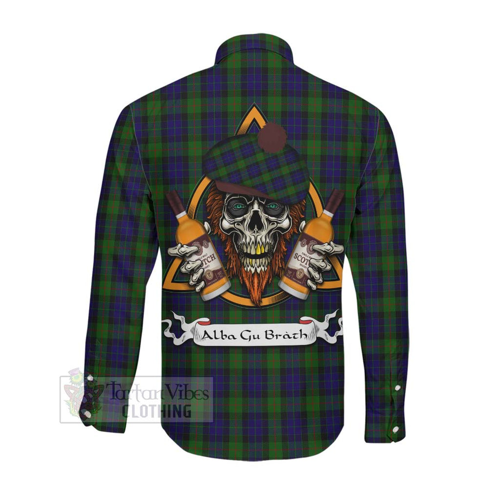 Tartan Vibes Clothing Gunn Tartan Long Sleeve Button Shirt with Family Crest and Bearded Skull Holding Bottles of Whiskey
