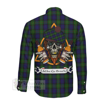 Tartan Vibes Clothing Gunn Tartan Long Sleeve Button Shirt with Family Crest and Bearded Skull Holding Bottles of Whiskey