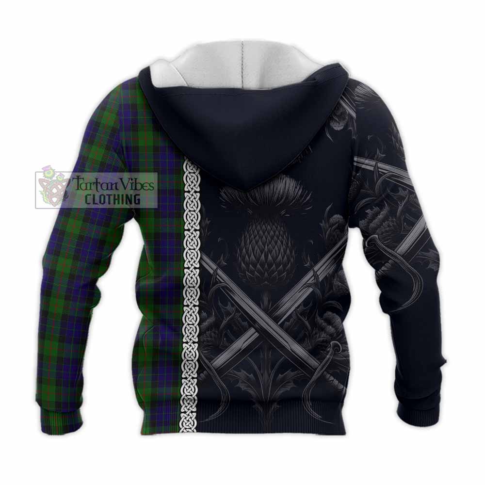 Tartan Vibes Clothing Gunn Tartan Knitted Hoodie with Family Crest Cross Sword Thistle Celtic Vibes
