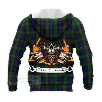 Gunn Tartan Knitted Hoodie with Family Crest and Bearded Skull Holding Bottles of Whiskey