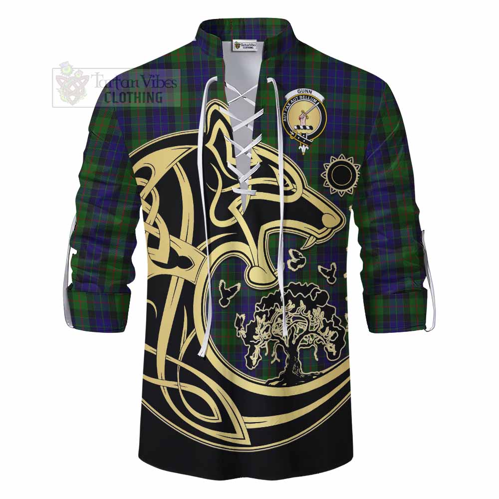 Tartan Vibes Clothing Gunn Tartan Ghillie Kilt Shirt with Family Crest Celtic Wolf Style