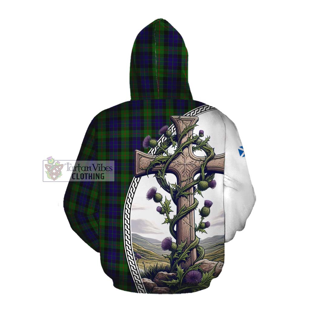 Tartan Vibes Clothing Gunn Tartan Cotton Hoodie with Family Crest and St. Andrew's Cross Accented by Thistle Vines