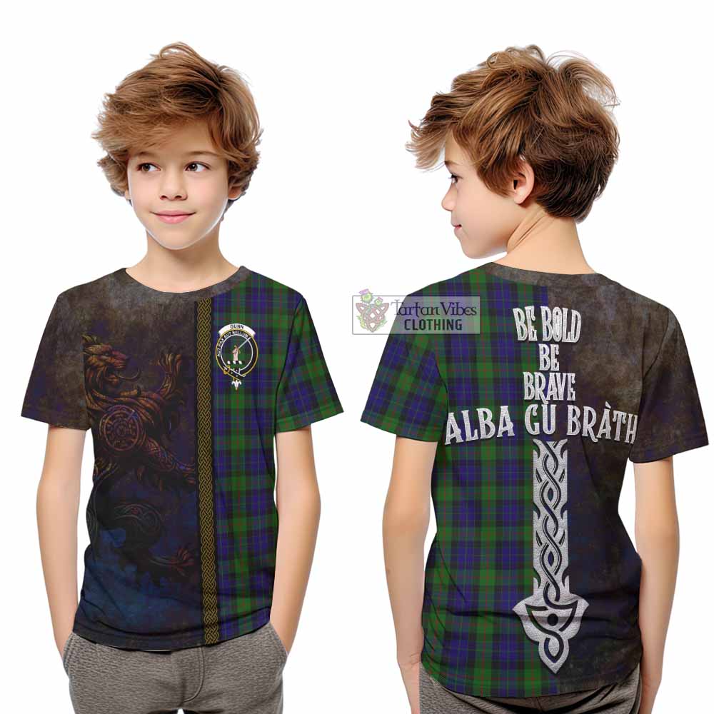 Tartan Vibes Clothing Gunn Tartan Family Crest Kid T-Shirt Alba Gu Brath Be Brave Lion Ancient Style