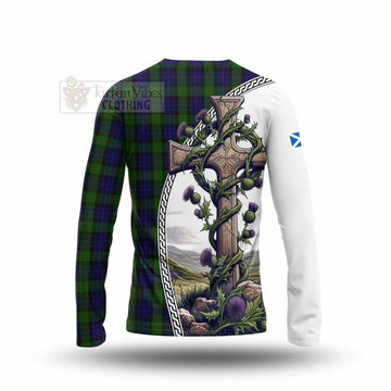 Gunn Tartan Long Sleeve T-Shirt with Family Crest and St. Andrew's Cross Accented by Thistle Vines