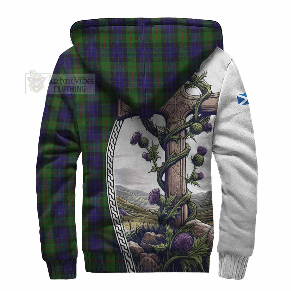 Tartan Vibes Clothing Gunn Tartan Sherpa Hoodie with Family Crest and St. Andrew's Cross Accented by Thistle Vines