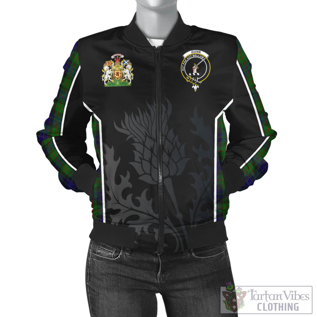 Tartan Vibes Clothing Gunn Tartan Bomber Jacket with Family Crest and Scottish Thistle Vibes Sport Style
