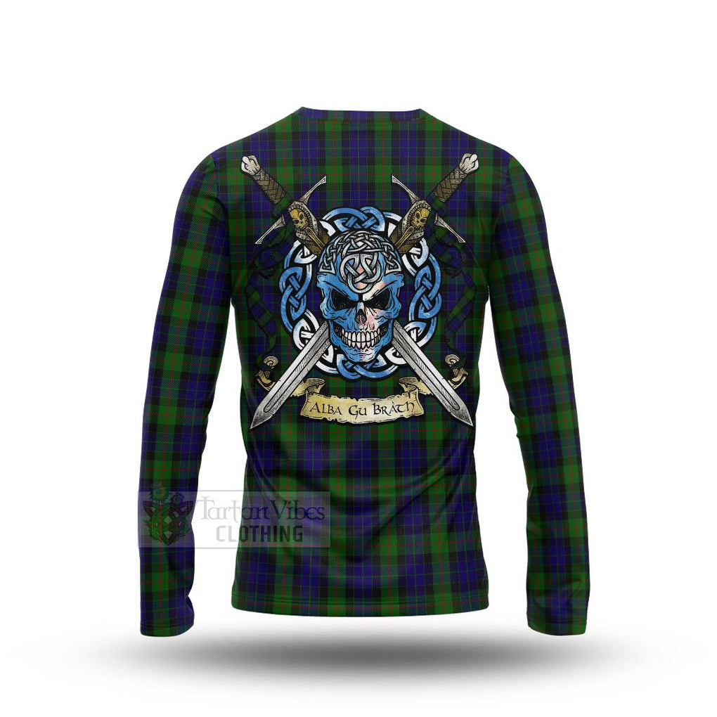 Tartan Vibes Clothing Gunn Tartan Long Sleeve T-Shirt with Family Crest Celtic Skull Style