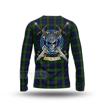 Tartan Vibes Clothing Gunn Tartan Long Sleeve T-Shirt with Family Crest Celtic Skull Style