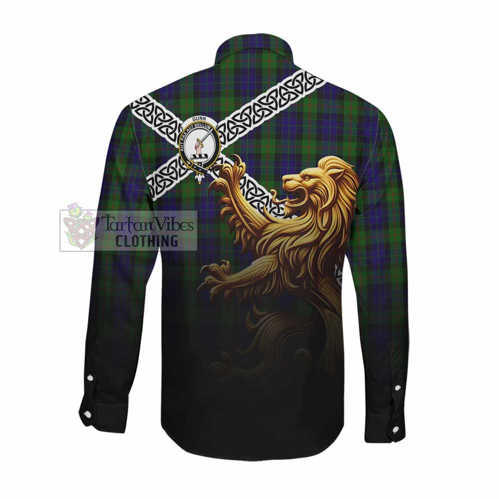 Tartan Vibes Clothing Gunn Crest Tartan Long Sleeve Button Shirt with Golden Lion Emblem Celtic Style