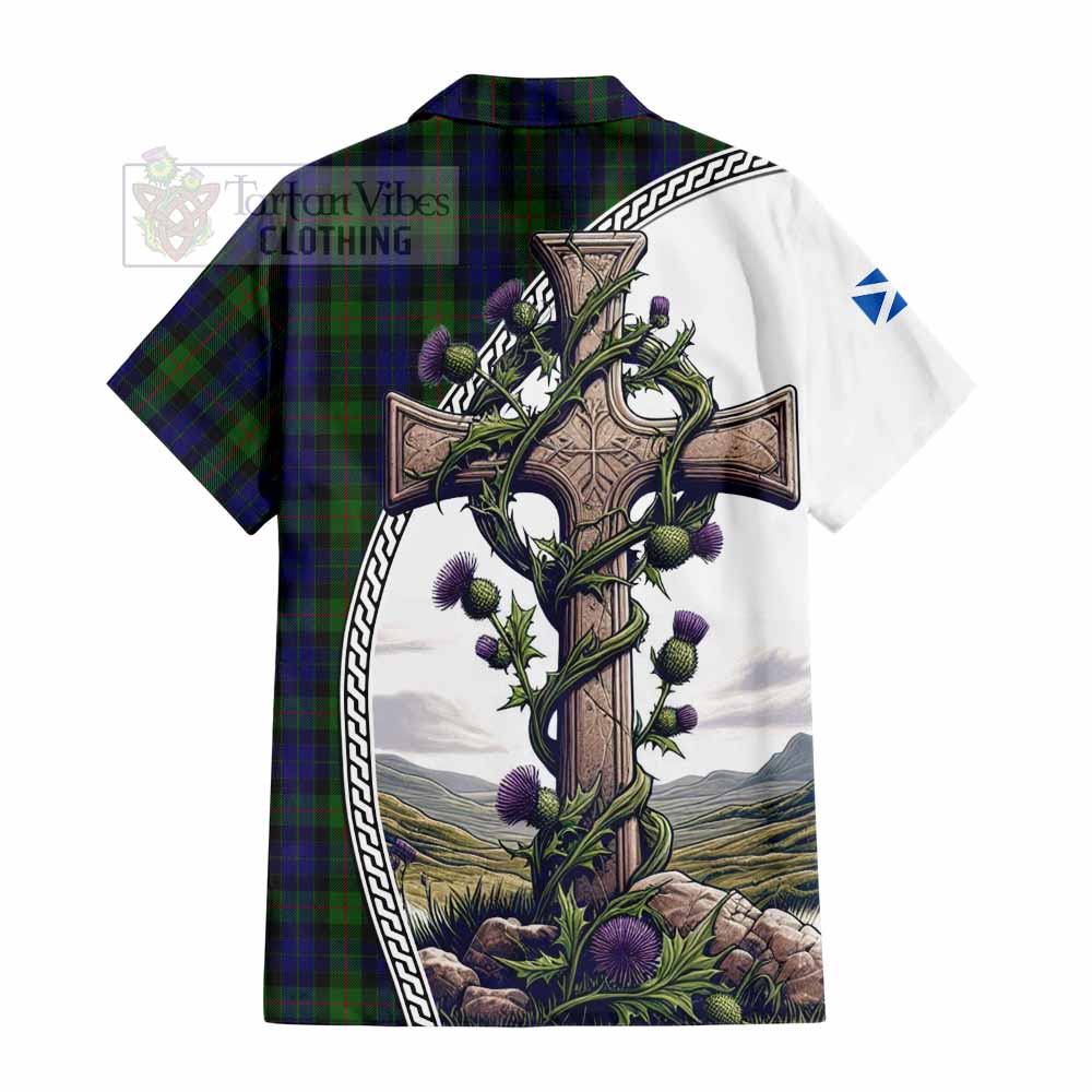Tartan Vibes Clothing Gunn Tartan Short Sleeve Button Shirt with Family Crest and St. Andrew's Cross Accented by Thistle Vines