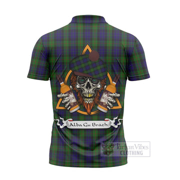 Tartan Vibes Clothing Gunn Tartan Zipper Polo Shirt with Family Crest and Bearded Skull Holding Bottles of Whiskey