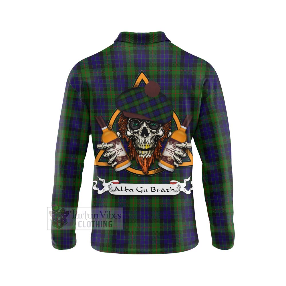 Tartan Vibes Clothing Gunn Tartan Long Sleeve Polo Shirt with Family Crest and Bearded Skull Holding Bottles of Whiskey