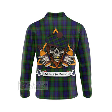 Tartan Vibes Clothing Gunn Tartan Long Sleeve Polo Shirt with Family Crest and Bearded Skull Holding Bottles of Whiskey