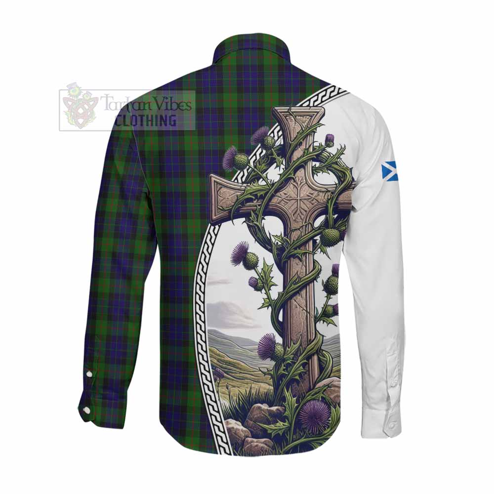 Tartan Vibes Clothing Gunn Tartan Long Sleeve Button Shirt with Family Crest and St. Andrew's Cross Accented by Thistle Vines