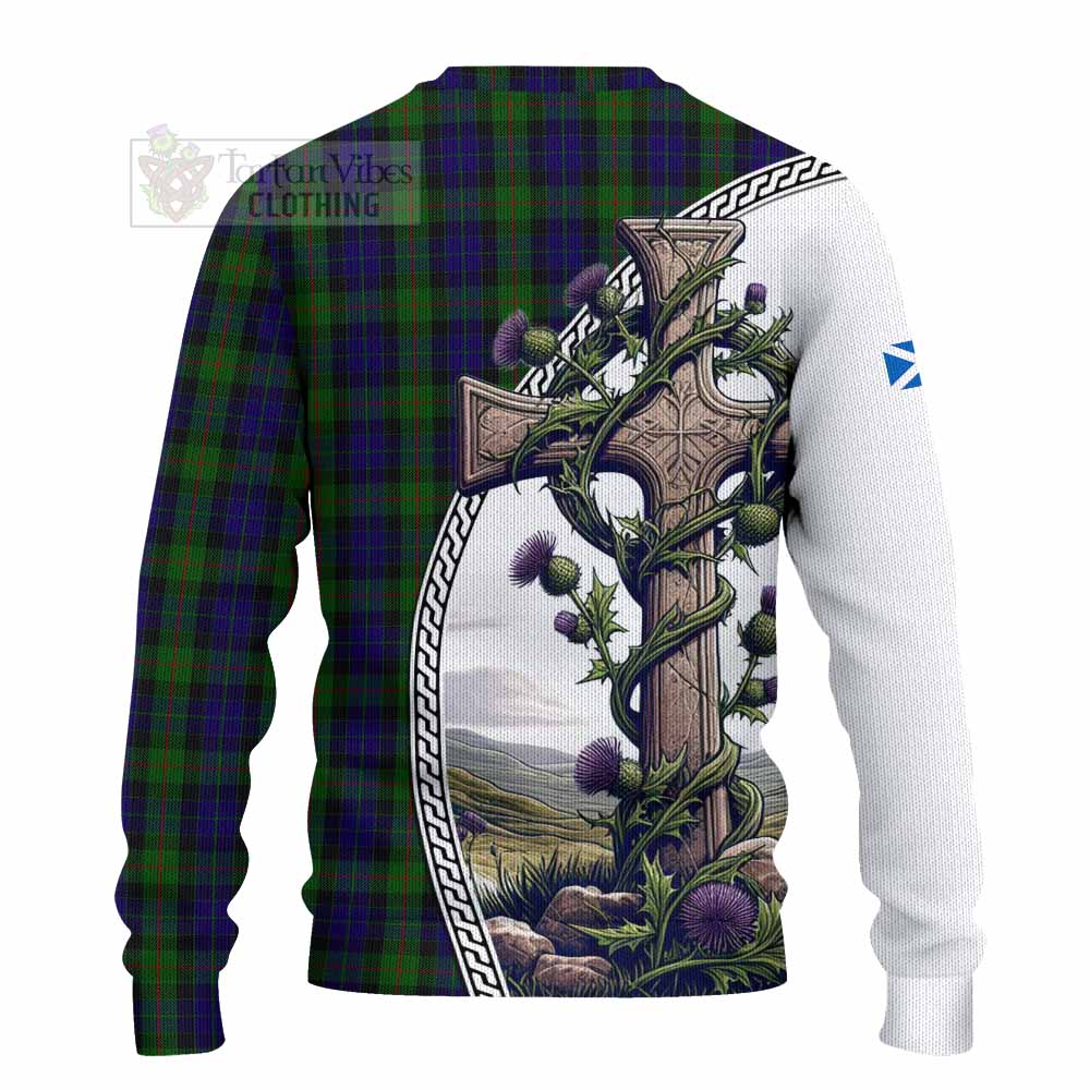 Tartan Vibes Clothing Gunn Tartan Knitted Sweater with Family Crest and St. Andrew's Cross Accented by Thistle Vines