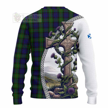 Tartan Vibes Clothing Gunn Tartan Knitted Sweater with Family Crest and St. Andrew's Cross Accented by Thistle Vines