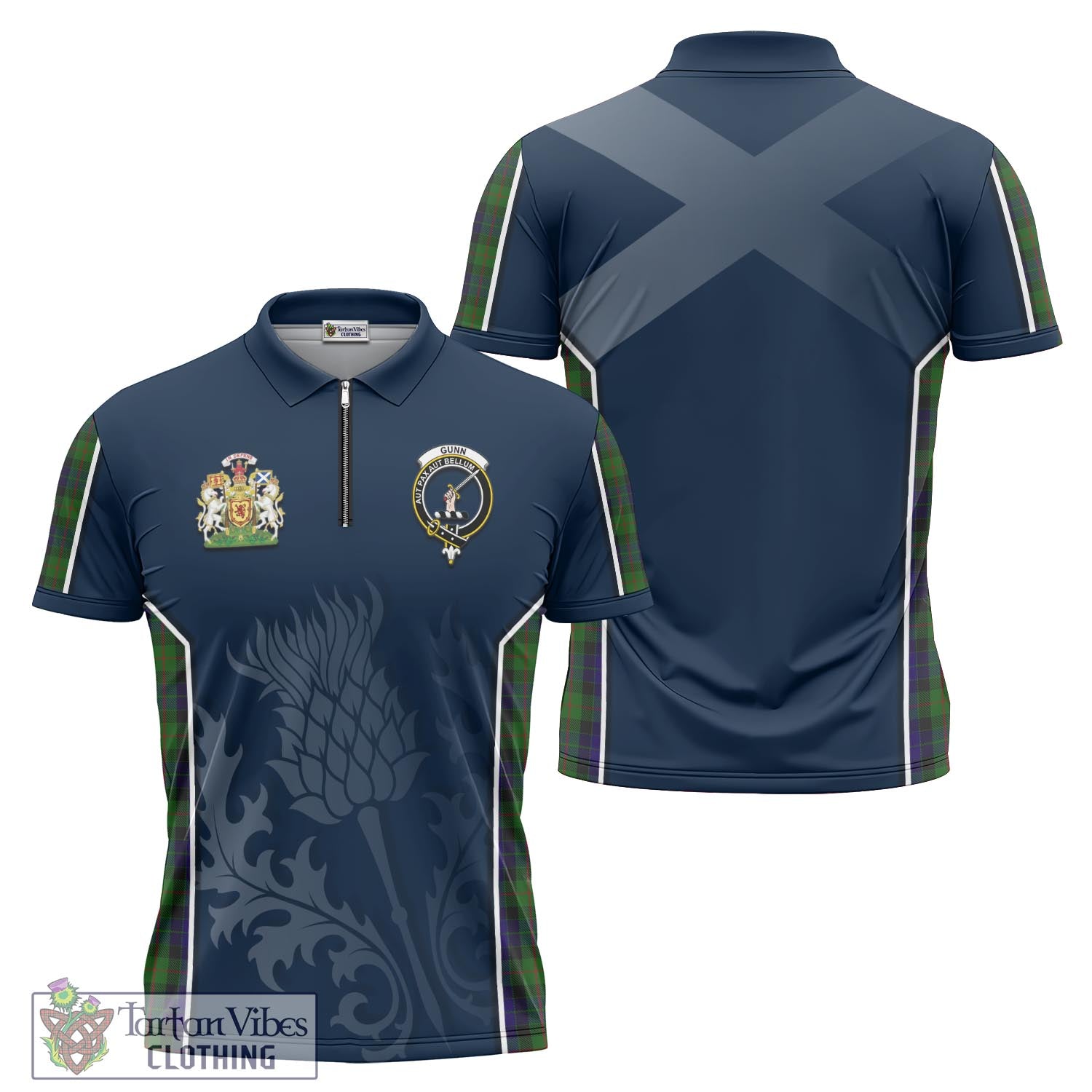 Tartan Vibes Clothing Gunn Tartan Zipper Polo Shirt with Family Crest and Scottish Thistle Vibes Sport Style