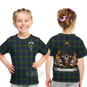 Tartan Vibes Clothing Gunn Tartan Kid T-Shirt with Family Crest and Bearded Skull Holding Bottles of Whiskey