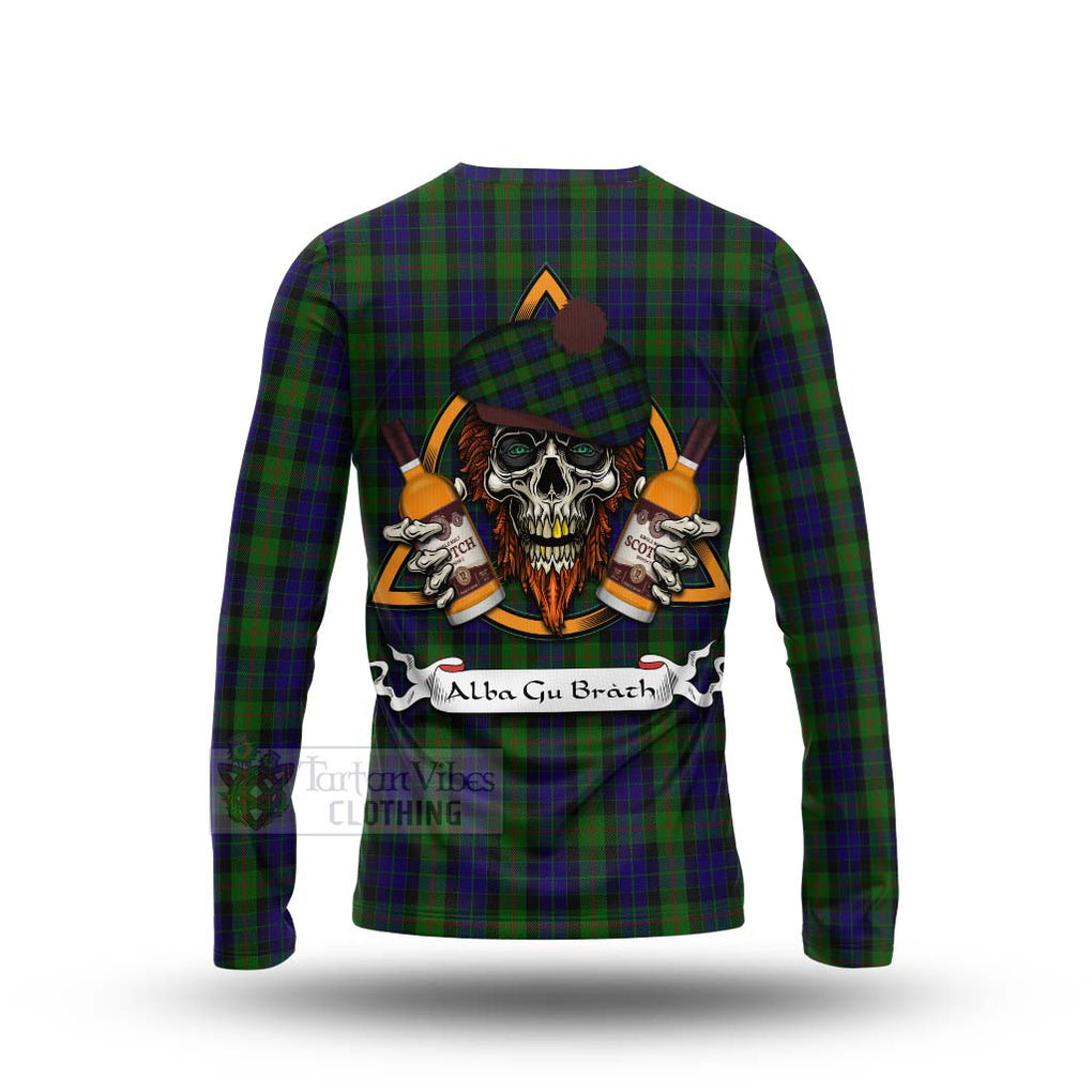 Tartan Vibes Clothing Gunn Tartan Long Sleeve T-Shirt with Family Crest and Bearded Skull Holding Bottles of Whiskey