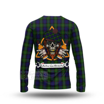 Tartan Vibes Clothing Gunn Tartan Long Sleeve T-Shirt with Family Crest and Bearded Skull Holding Bottles of Whiskey