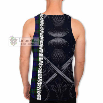 Tartan Vibes Clothing Gunn Tartan Men's Tank Top with Family Crest Cross Sword Thistle Celtic Vibes