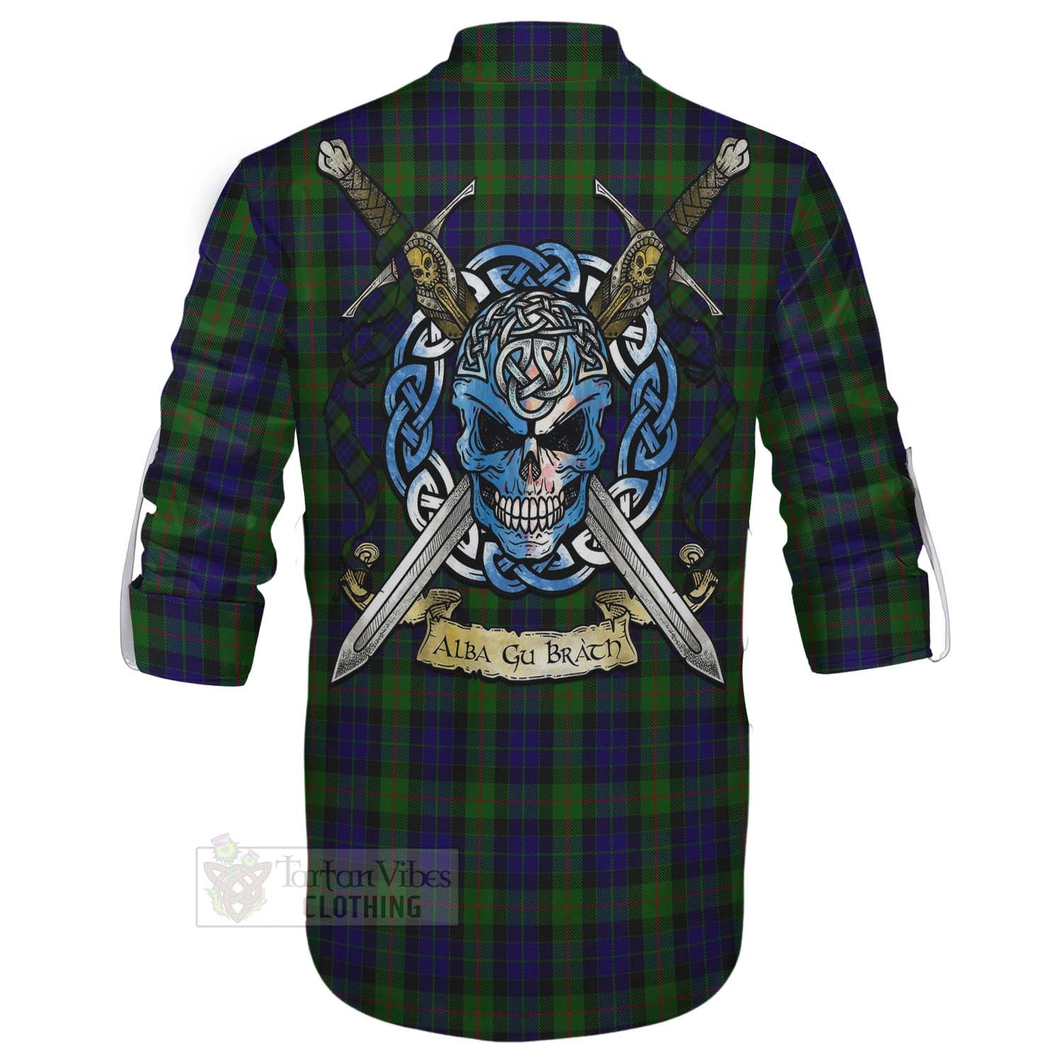 Tartan Vibes Clothing Gunn Tartan Ghillie Kilt Shirt with Family Crest Celtic Skull Style