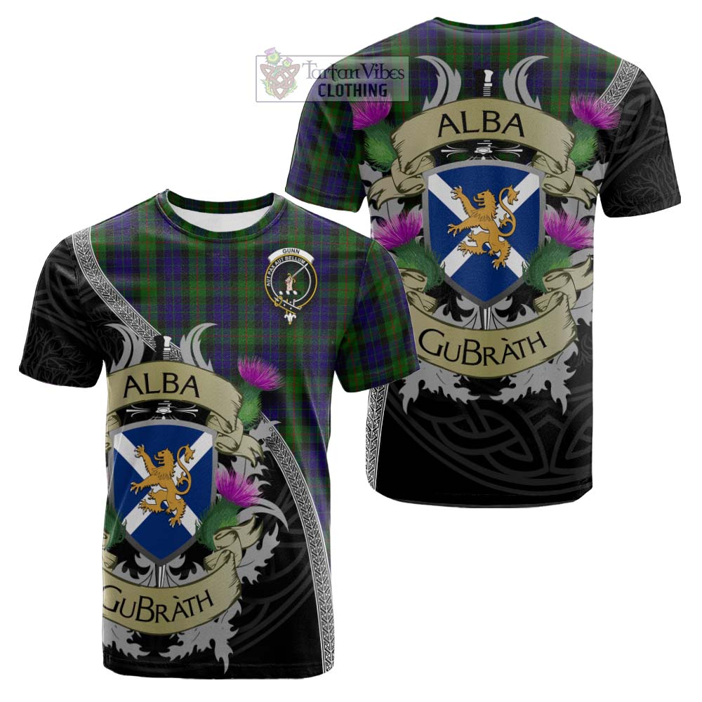 Tartan Vibes Clothing Gunn Tartan Family Crest Cotton T-shirt Lion Rampant Royal Thistle Shield Celtic Inspired
